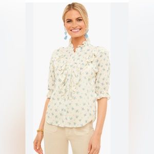 The Shirt by Rochelle Behrens (Tuckernuck) Beige Blue Jill Ruffle Shirt. Size XL